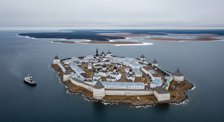 Aerial view of historic solovetsky monastery on remote island surrounded by seaの素材