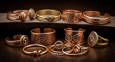 Vintage copper bracelets and rings on wooden surface with intricate designsの素材