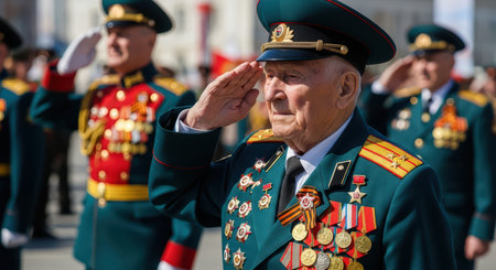 Elderly caucasian veteran in military uniform saluting at paradeの素材