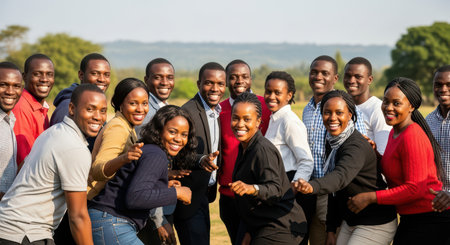 Group of smiling african young adults outdoors in casual clothingの素材