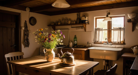 Cozy rustic kitchen with wooden furniture and bright flowers on tableの素材