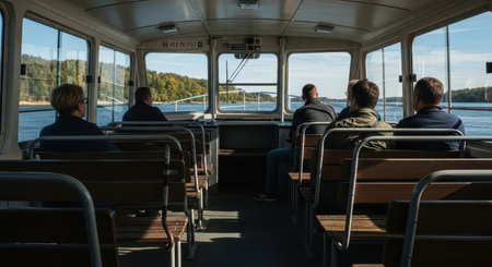 Group on scenic boat ride with caucasian adults observing waterfront viewsの素材