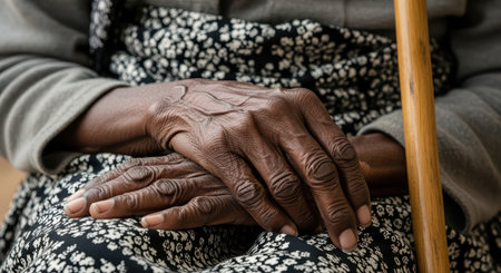Elderly african female hands resting on patterned fabric with wooden caneの素材