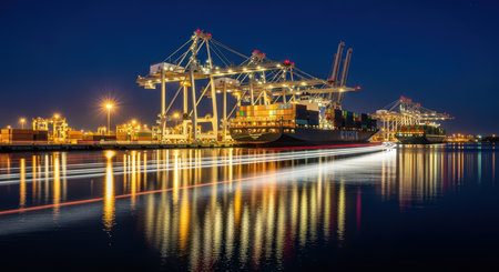 Night view of cargo ships at busy industrial container port with illuminated cranesの素材