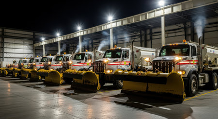 Snowplow trucks lined up in warehouse at night with bright lights and reflectionsの素材