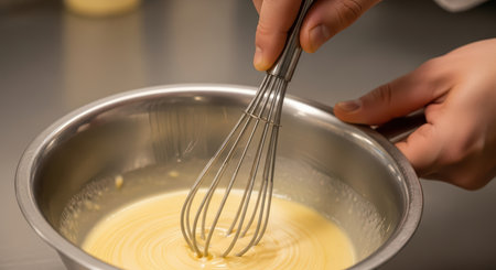 Close-up of hands whisking batter in stainless steel bowlの素材
