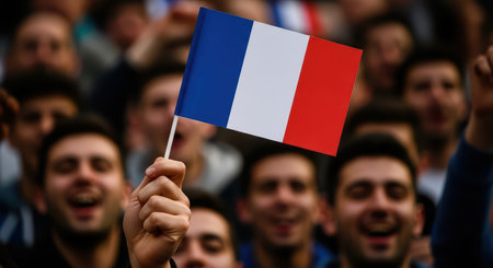 French celebration: joyful crowd waving national flag with enthusiasmの素材