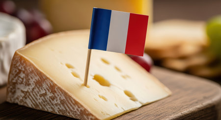 French cheese chunk with flag on wooden boardの素材