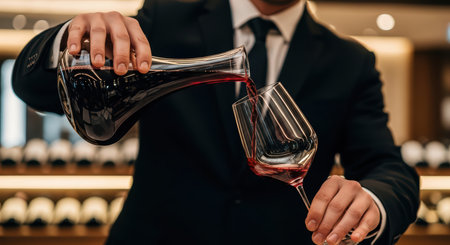 Elegant wine pouring by male in suit at upscale winery or restaurantの素材
