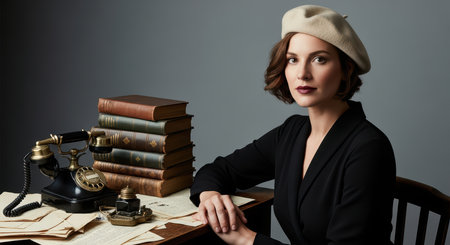 Young caucasian female writer in vintage setting with typewriter and booksの素材