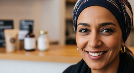 Smiling female in headscarf with bottles in background at cafeの素材