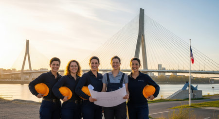 Female engineers discuss bridge construction project at sunset, smiles, planning, teamworkの素材