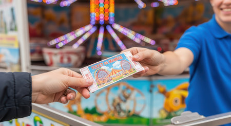 Amusement park ticket exchange at colorful carnival boothの素材