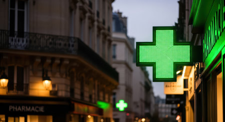 Green neon pharmacy cross sign on parisian street at duskの素材
