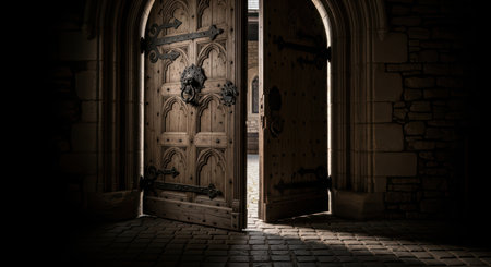 Ancient wooden doors of stone castle with iron details and mysterious glowの素材