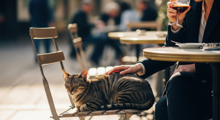 Striped cat relaxing at outdoor cafe table with seated personの素材