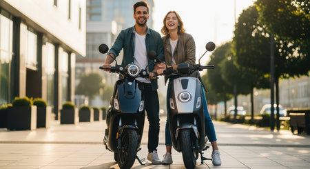 Young caucasian couple riding electric scooters in urban setting on a sunny dayの素材
