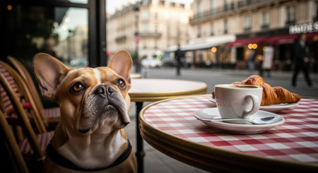 French bulldog at cafe with coffee and croissants in paris street settingの素材
