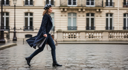 Elegant caucasian female in parisian streetwear walking on cobblestoneの素材