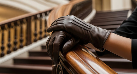 Elegant leather gloves on wooden staircase railing in luxurious interiorの素材