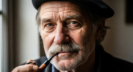 Mature caucasian male with pipe and beret relaxing indoorsの素材
