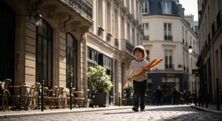 Happy caucasian child walking on paris street holding baguettesの素材
