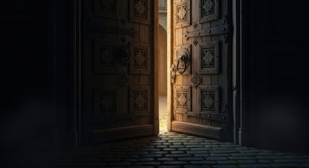 Mysterious light through ornate wooden door in dim stone hallwayの素材