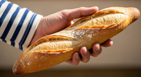Hand holding fresh baguette with crispy crust in natural lightの素材