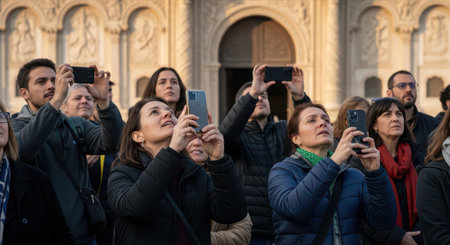 Diverse group of adults capturing moments on smartphones outdoorsの素材