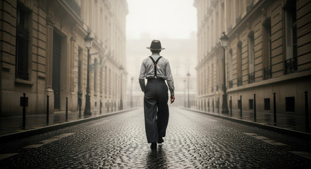 Vintage style male walking on foggy cobblestone street in suspenders and hatの素材