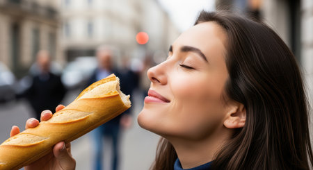 Young caucasian woman enjoying fresh baguette on city streetの素材