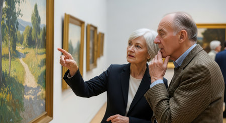 Mature caucasian couple observing art at a museumの素材