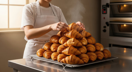 Female baker arranging freshly baked croissants in kitchenの素材