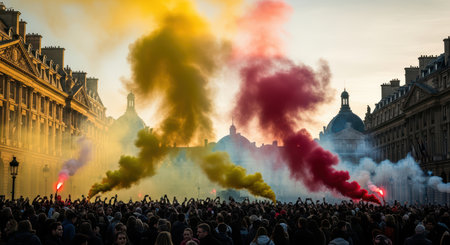 Colorful smoke flares over crowded protest in european city at duskの素材