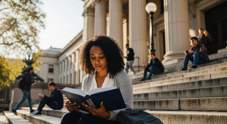 Young african female student reading book on university stepsの素材