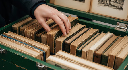 Hand browsing vintage books in green box: close-up of literature selectionの素材