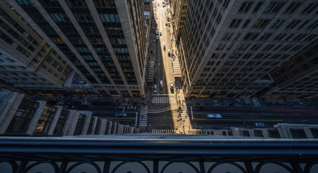 Urban canyon view of busy city street from skyscraper heightsの素材