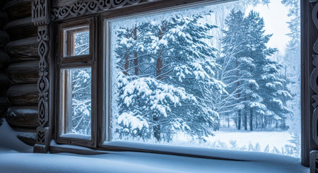Snow-covered pine trees amidst winter forest viewed from frosted windowの素材