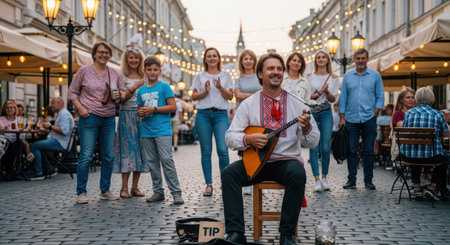 Male musician performing outdoors with enthusiastic audience on cobblestone street eveningの素材