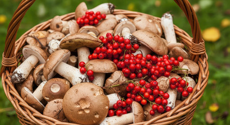 Basket of fresh mushrooms and bright red rowan berries in natureの素材