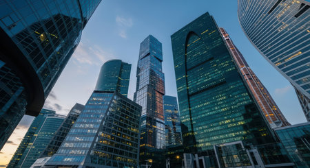 Skyscrapers at dusk in urban cityscape with glass facades and reflective surfacesの素材