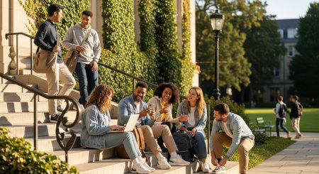 Diverse young adults socializing on university campus stepsの素材