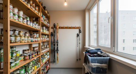 Organized pantry room with shelves of canned goods and wall-mounted skisの素材