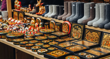 Traditional russian handicrafts displayed on a market stallの素材