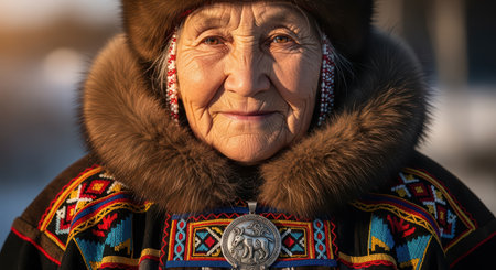 Elderly caucasian woman in traditional winter clothing with fur hat and colorful patternsの素材