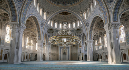 Majestic interior of ornate mosque with grand chandeliers and intricate architectureの素材