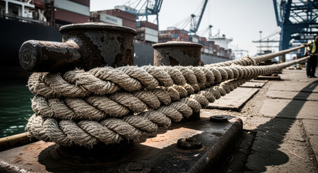Heavy cargo ship moored at port with secure nautical rope knot on rusty bollardの素材