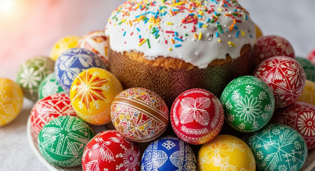 Colorful easter eggs and decorated cake with white icingの素材