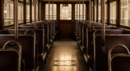 Vintage tram interior with wooden seats and warm lightingの素材
