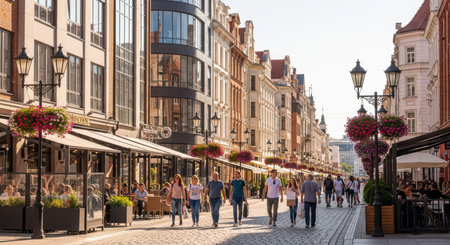 Busy cobblestone street with people in outdoor cafes and historic architectureの素材